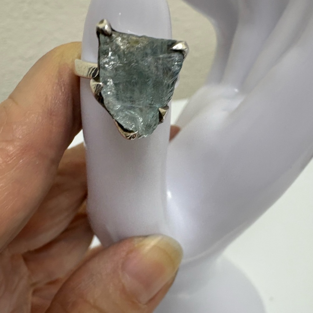 Natural Slice Aquamarine Gemstone Artisan Statement Silver Ring